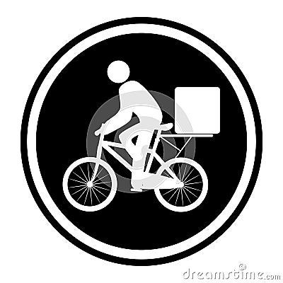 Monochrome circular emblem with delivery man in bike Vector Illustration
