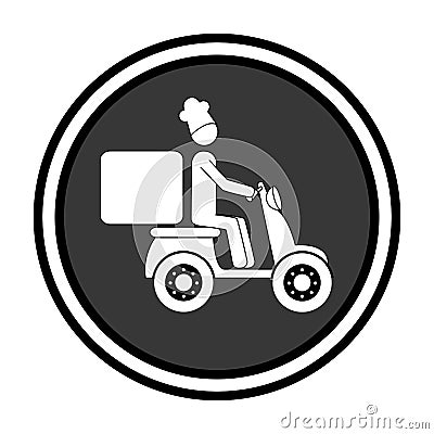 Monochrome circular emblem with delivery man in scooter Vector Illustration