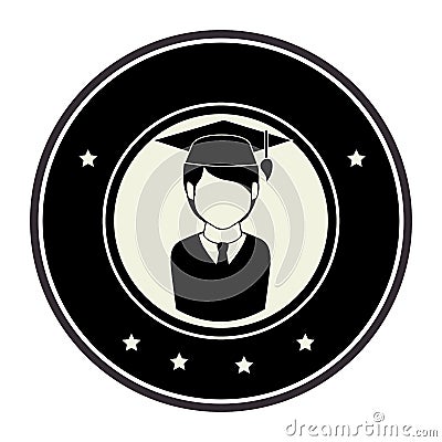 Monochrome circular emblem with half body man with graduation outfit Vector Illustration