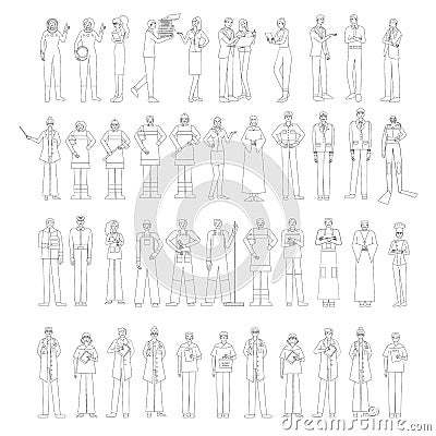 Monochrome collection of female and male workers of different professions. Bundle of people of various occupations in suites. Cartoon Illustration