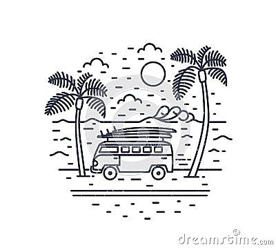 Monochrome composition with camper trailer or campervan, exotic palm trees, sea and sun drawn with contour lines. Summer Vector Illustration