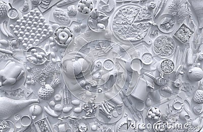 Monochrome composition of white relief figures of different foods and drinks on a white background. 3D panel with a set of food in Stock Photo