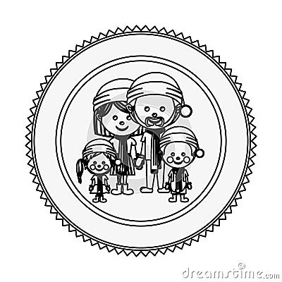 Monochrome contour circle with family with christmas clothes Vector Illustration