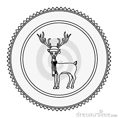 Monochrome contour circle with reindeer with scarf Vector Illustration