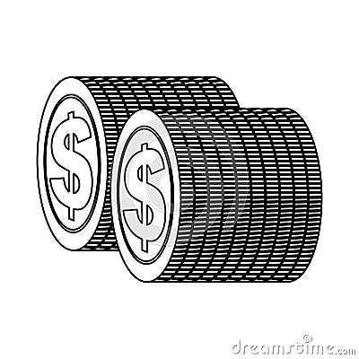 monochrome contour with coins stack in vertical position Cartoon Illustration
