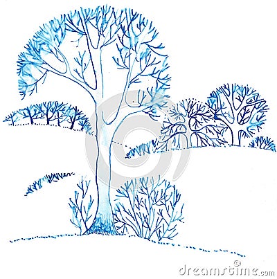 Monochrome contour linear drawing winter landscape in blue Cartoon Illustration