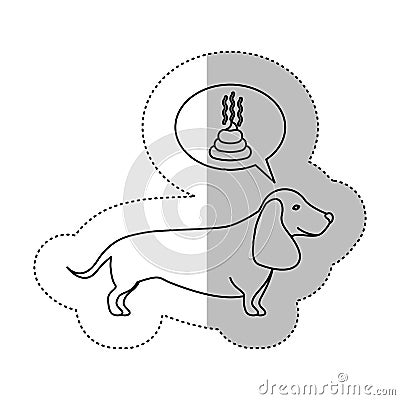 Monochrome contour middle shadow sticker with dachshund dog thinkin poop Vector Illustration