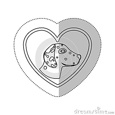 Monochrome contour with middle shadow sticker with dalmatian dog inside of heart Vector Illustration