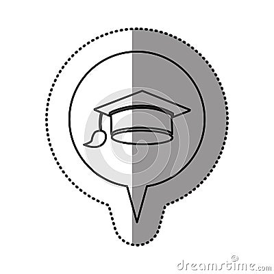 monochrome contour sticker with graduation hat icon in circular speech Cartoon Illustration