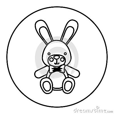 monochrome contour with Stuffed rabbit in round frame Cartoon Illustration