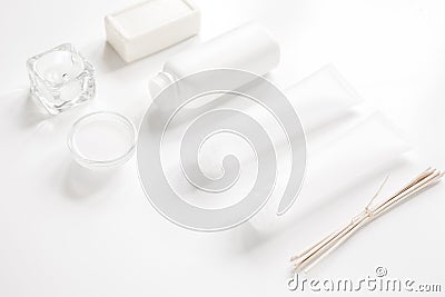 Monochrome cosmetic set in SPA concept on white background Stock Photo