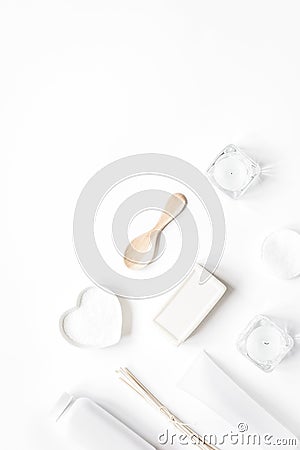 monochrome cosmetic set in SPA concept on white background top view mock up Stock Photo