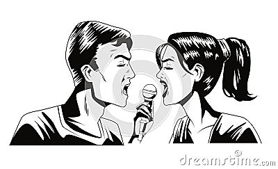 Monochrome couple singing with microphone characters pop art style Vector Illustration