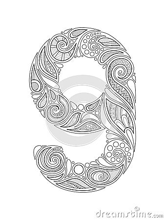 Monochrome Decorative Number Nine, Doodle Design Element Vector Illustration