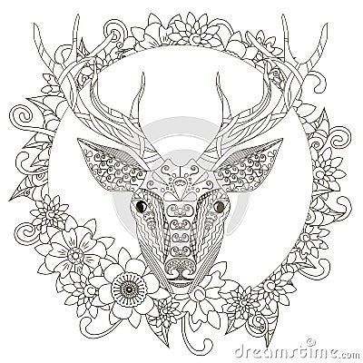 Monochrome doodle hand drawn deer in flowers frame. Anti stress stock vector illustration Vector Illustration