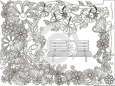 Monochrome doodle hand drawn flowers background, cat washes on the bench Vector Illustration