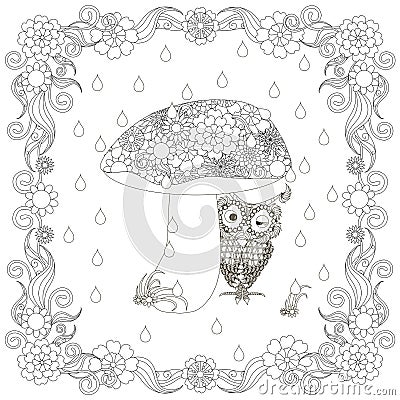 Monochrome doodle hand drawn owl under mushroom in flowers frame. Anti stress Vector Illustration