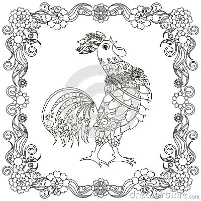 Monochrome doodle hand drawn stylized rooster in flowers frame Vector Illustration