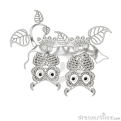 Monochrome doodle hand drawn two owls down the heads on branch. Anti stress Vector Illustration