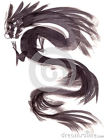 monochrome dragon on white background, chinese brush painting Cartoon Illustration