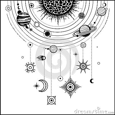 Monochrome drawing: stylized Solar system, orbits, planets, space structure. Vector Illustration