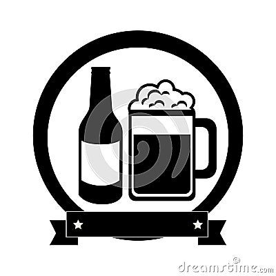 Monochrome emblem with beer bottle and glass Vector Illustration