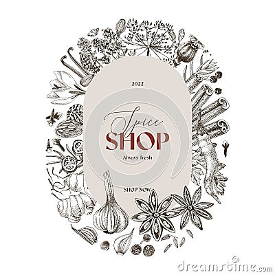 Monochrome emblem for a fresh spice shop Vector Illustration