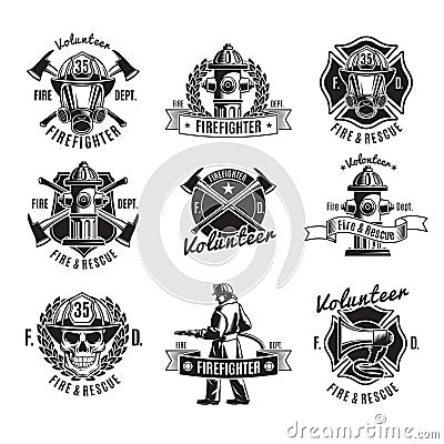 Monochrome Firefighting Labels Set Vector Illustration