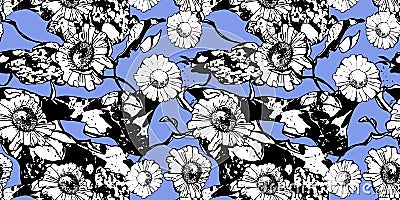 Monochrome floral seamless pattern with chamomile. White flowers and leaves on blue background. Hand drawn. For design Vector Illustration