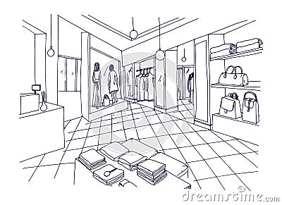 Monochrome freehand sketch of clothing showroom, boutique, trendy fashion store or apparel shop interior with shelving Vector Illustration