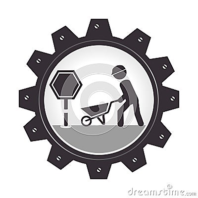 Monochrome gear wheel with man and wheelbarrow Vector Illustration
