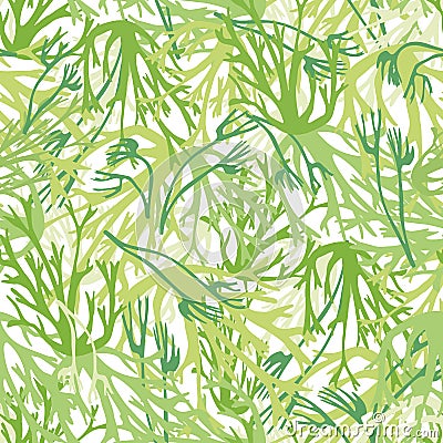 Monochrome green lichen texture seamless vector pattern background. Overlapping hand drawn oakmoss leaves dense design Vector Illustration