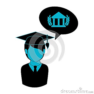 Monochrome half body man with graduation outfit and bubble speech parthenon Vector Illustration