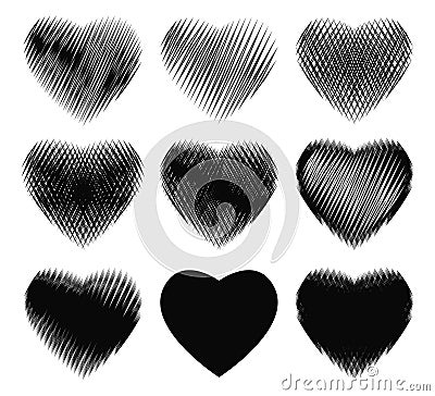 Different grunge dirty shapes of black heart on white background collection. Cartoon Illustration