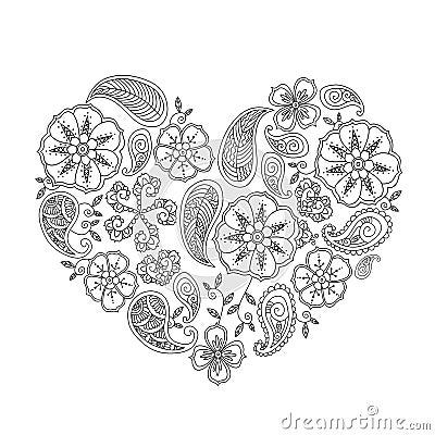 Monochrome heart shape with mehendi flowers and leafs isolated Vector Illustration