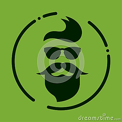 Monochrome hipster with beard, glasses, haircut, mustaches. Silh Vector Illustration