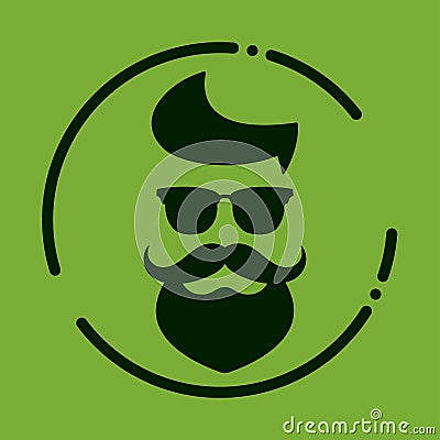 Monochrome hipster with beard, glasses, haircut, mustaches. Silh Vector Illustration