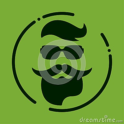 Monochrome hipster with beard, glasses, haircut, mustaches. Silh Vector Illustration