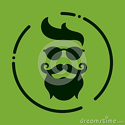 Monochrome hipster with beard, glasses, haircut, mustaches. Silh Vector Illustration