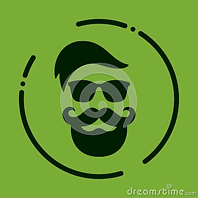 Monochrome hipster with beard, glasses, haircut, mustaches. Silh Vector Illustration