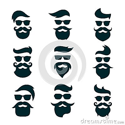 Monochrome hipsters faces set with different beards, glasses, ha Vector Illustration