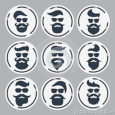 Monochrome hipsters faces set with different beards, glasses, ha Vector Illustration