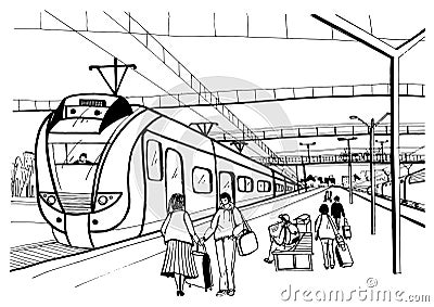 Monochrome horizontal sketch with people, passengers waiting arrival suburban electric train. Hand drawn vector Vector Illustration