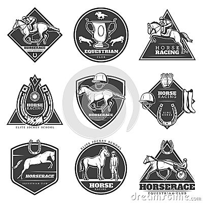 Monochrome Horse Racing Labels Set Vector Illustration