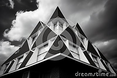 a monochrome house with a simple geometric shape, shot from a low angle Stock Photo