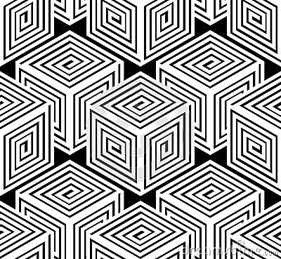 Monochrome illusory abstract geometric seamless pattern, 3d Vector Illustration