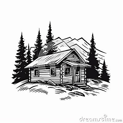 Bold Black And White Log Cabin Illustration: Soviet Propaganda Style Cartoon Illustration