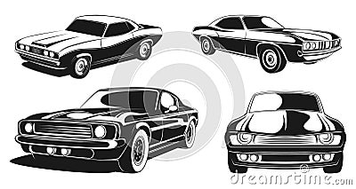 Monochrome illustration set of retro muscle cars. Black vector Vector Illustration