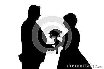 Monochrome illustration of silhouettes of groom and bride and wedding bouquet between them. Cartoon Illustration