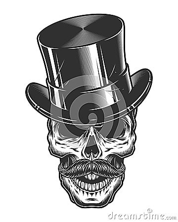 Monochrome illustration of skull with top hat and moustache Vector Illustration